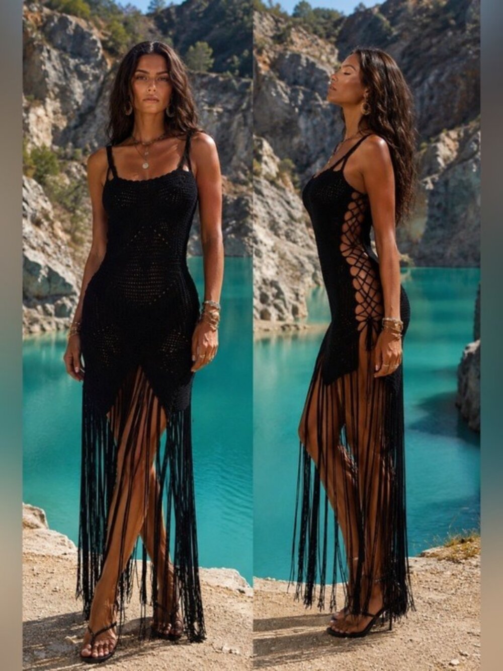 Venus Black Crochet Fringe Maxi Cover Up Dress Sz L/XL Boho Festival Lace Up